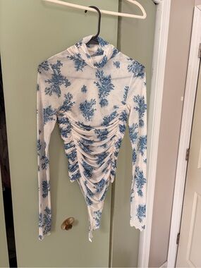 Free People Floral Long Sleeve Turtleneck Bodysuit - Blue Floral
